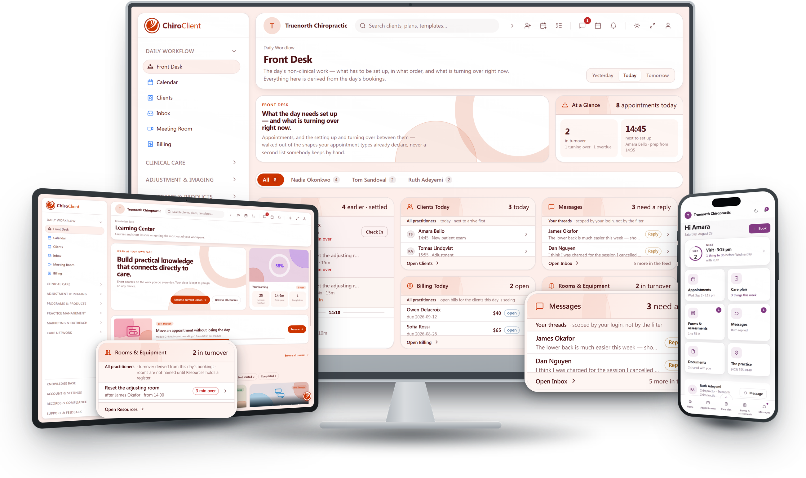 ChiroClient shown on desktop and mobile — the front desk view, calendar, client records and client-facing portal.